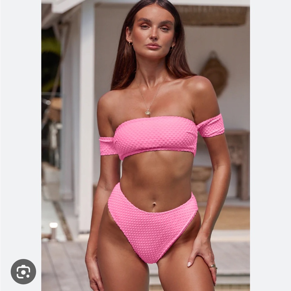 NWT CupShe Palm Beach Off the Shoulder & High Waist Cheeky Bikini Set